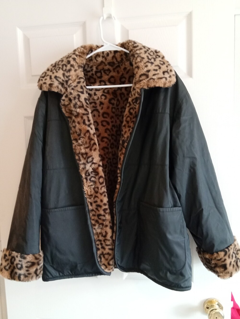 Black Fall Leather Jacket With Leopard Faux Fur Lining - Reversible